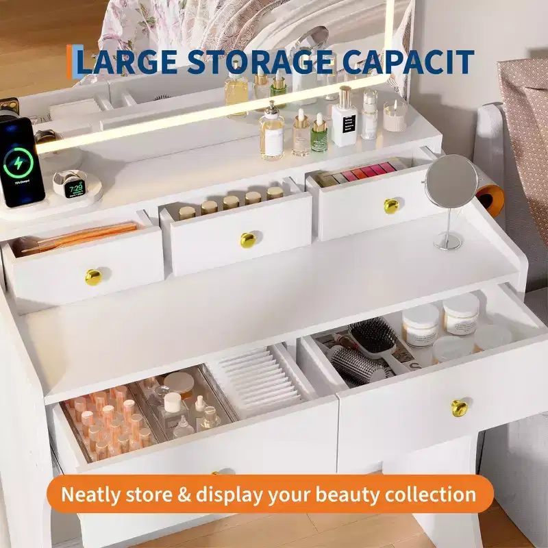 GustoWave Makeup Vanity Desk with Mirror & Chair, 5 Drawers, Hair Dryer Holder, Cushioned Stool for Bedroom