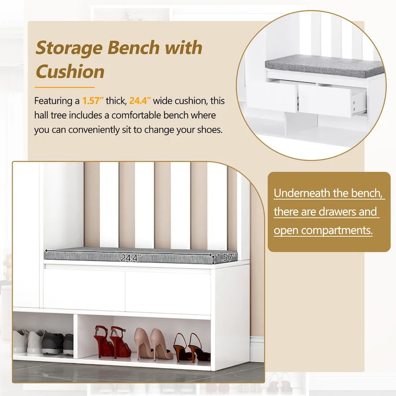 39.3Wx70.8H Hall Tree Storage with Cushioned Storage Bench,Multifunctional Hallway Shoe Cabinet,Pegboard,Coat Rack,4 Hooks