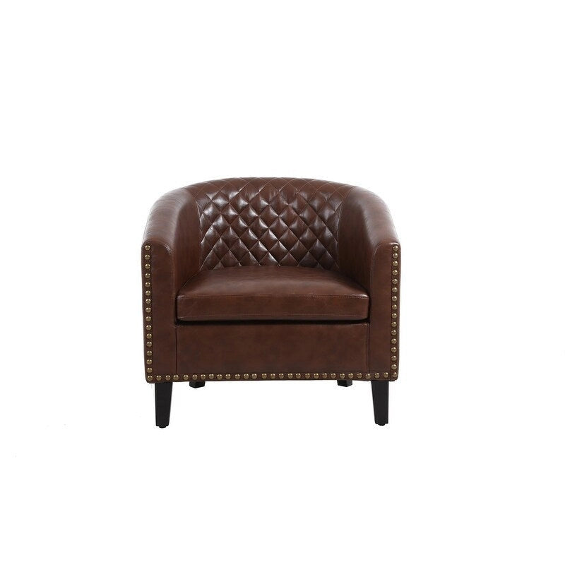 Barrel Accent Chair – Black / Brown / White, PU Leather, Nailhead Trim, Solid Wood Legs, Seats 1