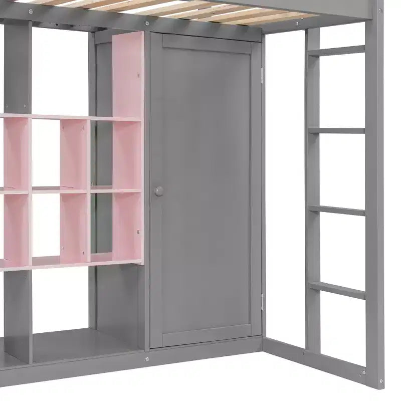 Kids Loft Bed with Wardrobe and Shelves, Wooden Loft Bed Frame with Storage Cabinet for Kids Teens