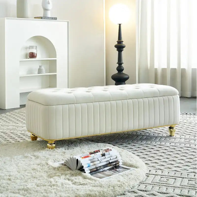 Rectangle Storage Ottoman Bench – Green / Black / Beige, Tufted Velvet, Modern Style, Seats 1–2