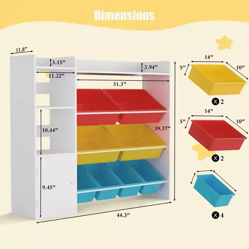 Kids Toy Organizer with 8 Removable Bins, Large Toy Box & Bookshelf Combo for Bedroom, Nursery, Classroom for Toys Books