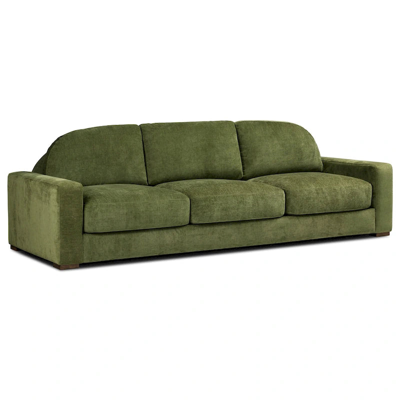 99-Inch Mid-Century Sofa – Distressed Green Velvet, Low-Profile, Sinuous Spring, Seats 3