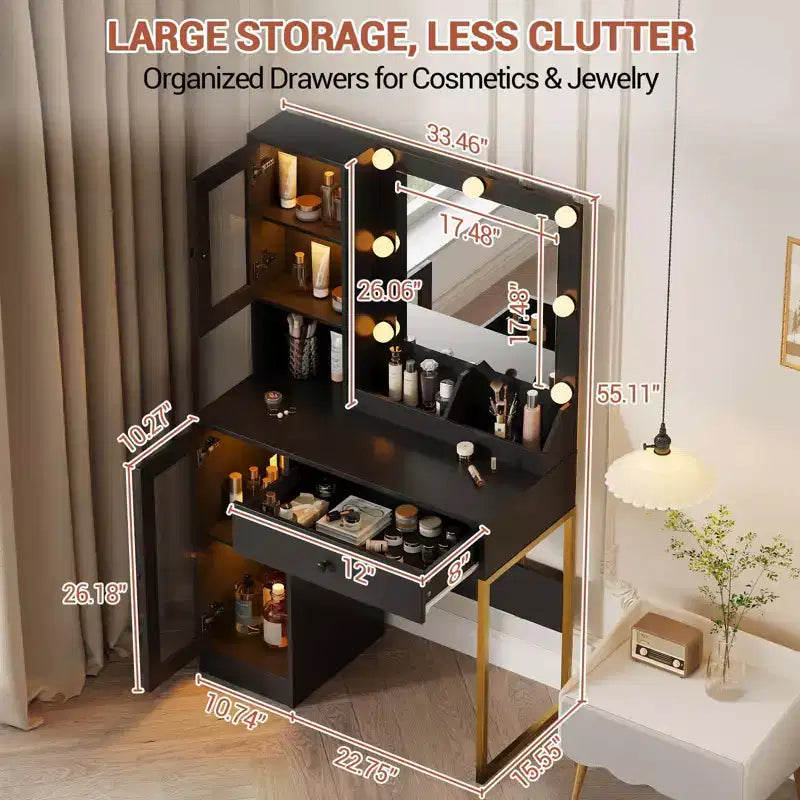 Vanity Desk with Mirror, 3 Lighting Modes Lights, Built-in Outlets & USB Ports, Spacious Drawers & Storage Cabinet, Makeup Dressing Table for Bedroom