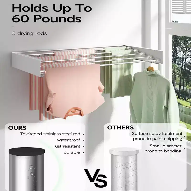Clothes Drying Rack Wall Mounted,Foldable Laundry Drying Rack Collapsible Indoor,Space Saving Retractable Towel Rack with Wall Template,6 Rods 40 Inch