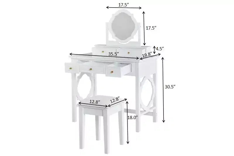 Makeup Vanity Table with Reversible Mirror, Elegant Chic Vanity Desk with 5 Drawers & Upholstered Stool, Space-Saving Beauty Station