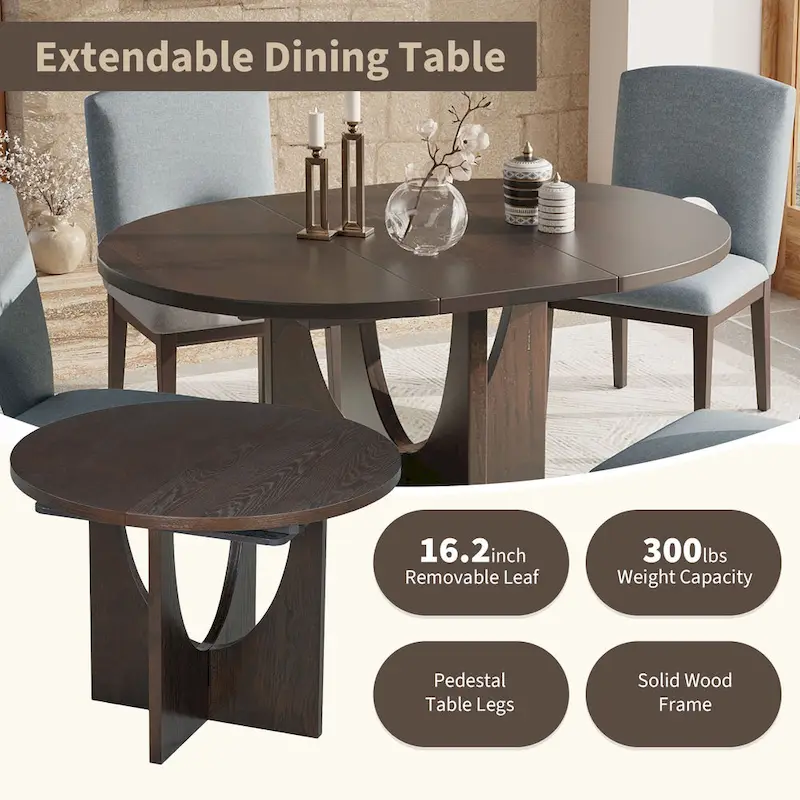 Modern Style Extendable Round Dining Table with Removable Leaf and Upholstered Dining Chairs