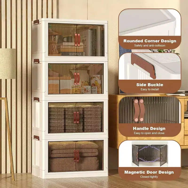 Stackable 4-Layer Storage Boxes, Plastic Storage Cabinet Capacity, with Door and Wheels for Storing Food