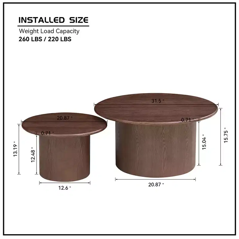 JVNOXK Coffee Table Set of 2 ,MDF Round Coffee Table for Living Room ,Apartment,Leisure Area Walnut