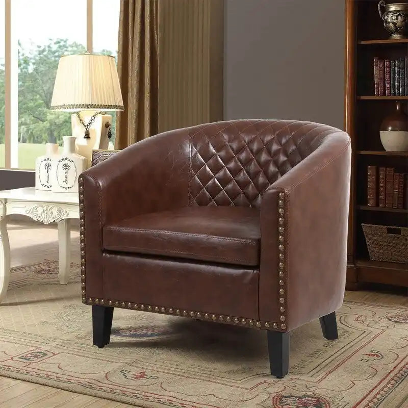 Barrel Accent Chair – Black / Brown / White, PU Leather, Nailhead Trim, Solid Wood Legs, Seats 1