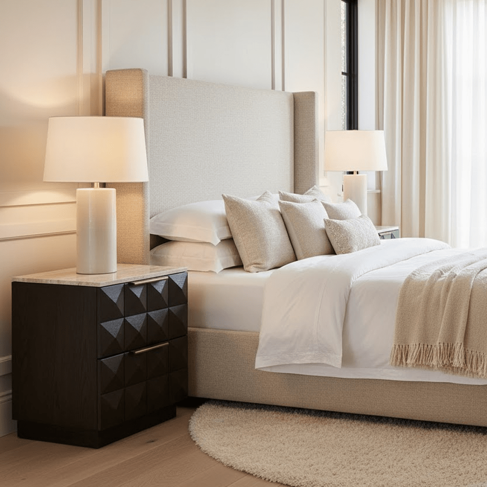 Deep Brown 2 Drawer Bedside Table with Travertine Top