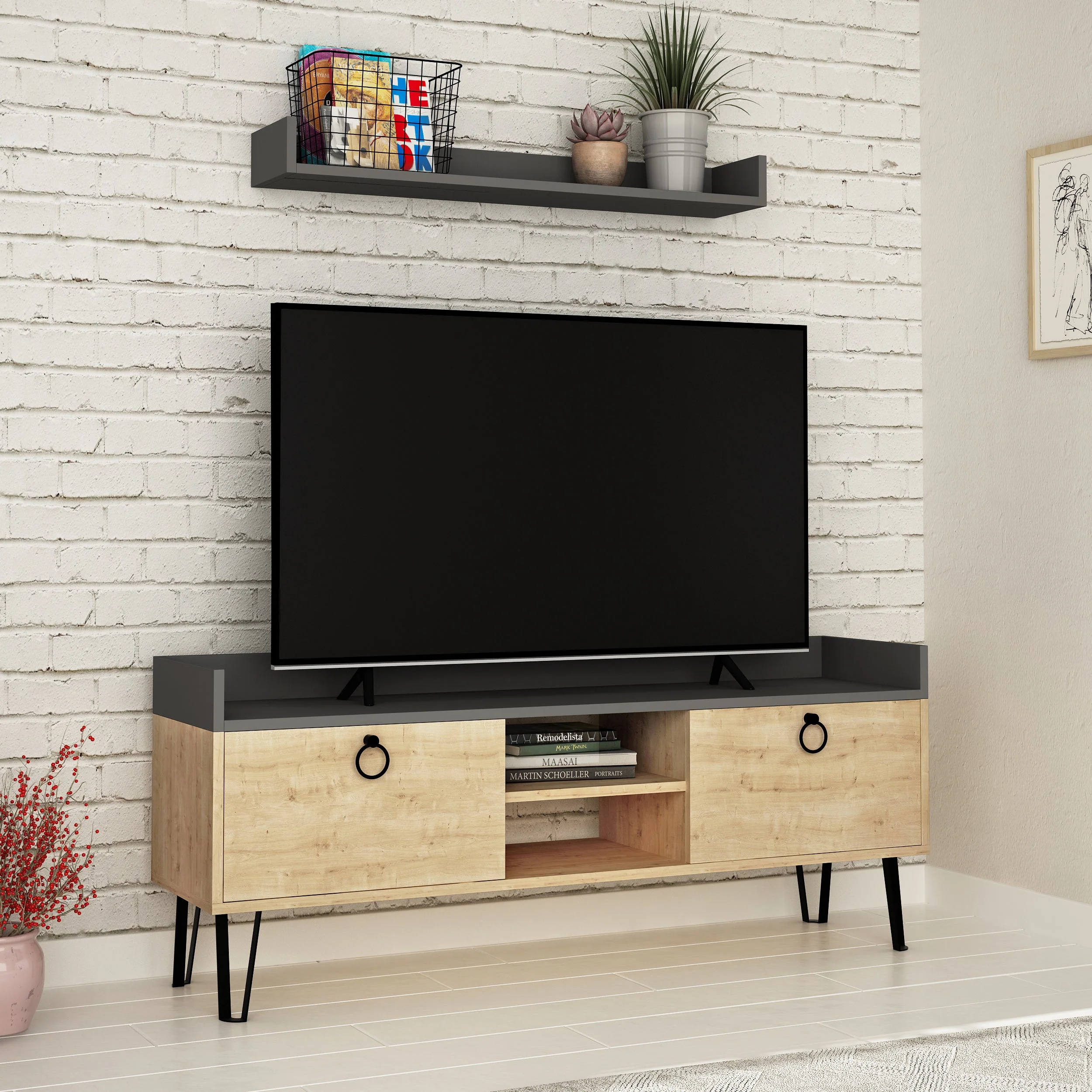 Modern TV Stand Multimedia Centre With Wall Shelf Unit 140cm