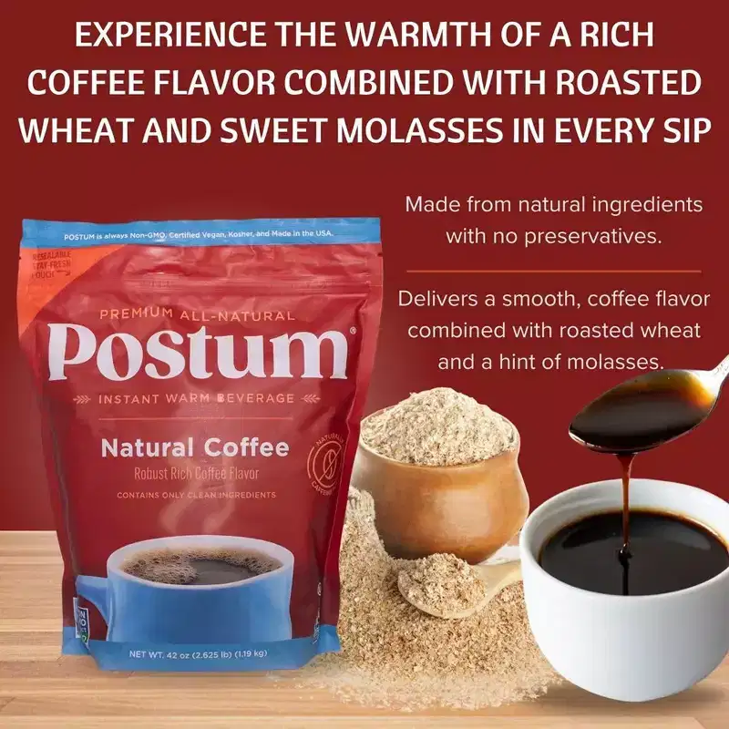 Postum Natural Coffee Substitute, Caffeine-Free, Made with Roasted Wheat Bran & Molasses, Kosher, Vegan, Non-GMO, Natural & Healthy - 42 oz
