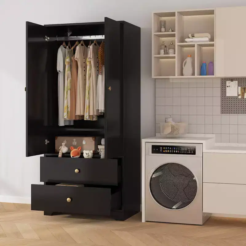 2-Door Wardrobe Storage Cabinet, Flat Panel MDF Sideboard Buffet Cabinet for Bedroom, Dining Room and Home