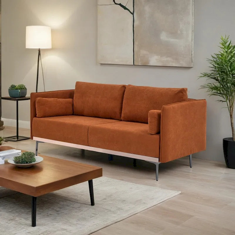 3-Seat Linen Sofa – Grey / Beige / Orange, Modern Minimalist, Metal Legs & Steel Trim, Seats 3