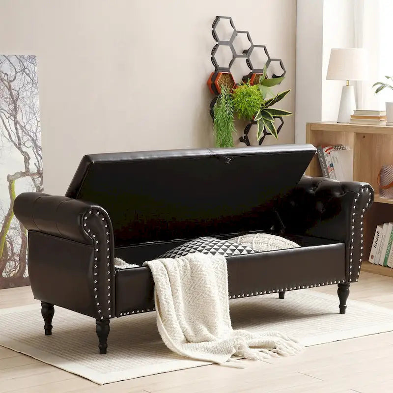 Upholstered Storage Ottoman Bench – Brown / Beige / Blue / Black / Grey / Pink, Velvet, Rolled Arms, Seats 2