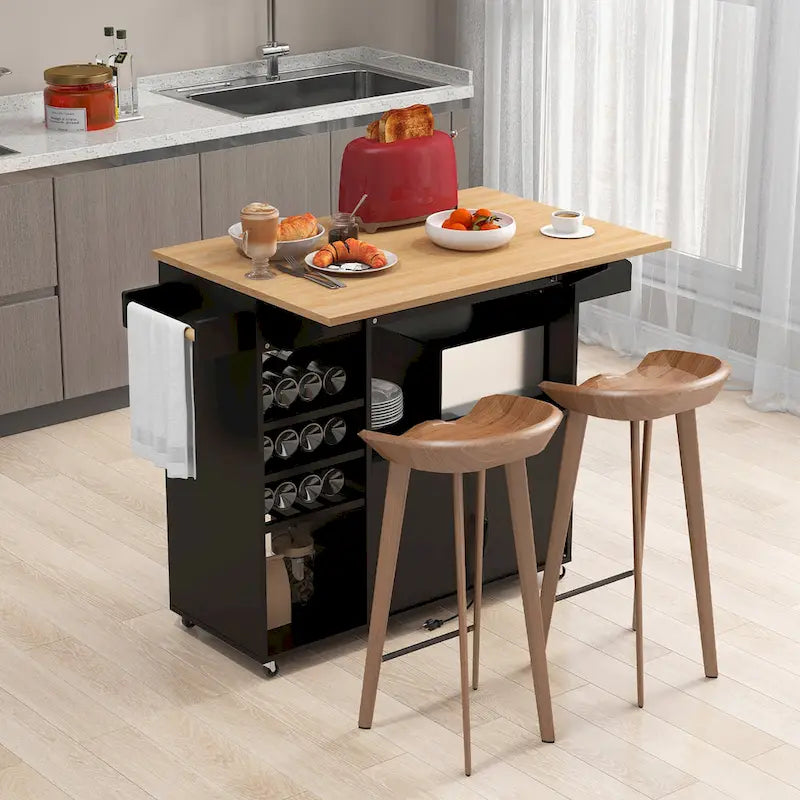 Kitchen Island Cart – White / Brown / Black, Drop-Leaf, Power Outlet, Wine Rack, Microwave Shelf, Casters