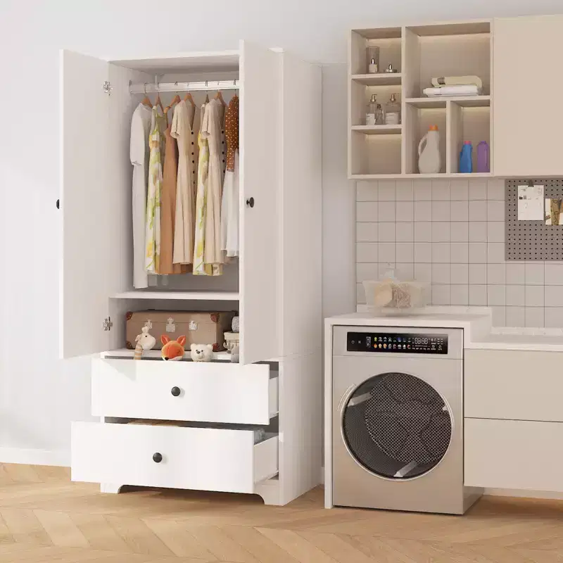 2-Door Wardrobe Storage Cabinet, Flat Panel MDF Sideboard Buffet Cabinet for Bedroom, Dining Room and Home