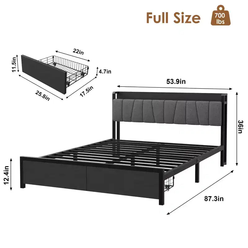 Whizmax Full Size Bed Frame with Upholstered Headboard, Industrial Full Platform Bed with 2 Storage Drawers and Charging Station, No Box Spring Needed