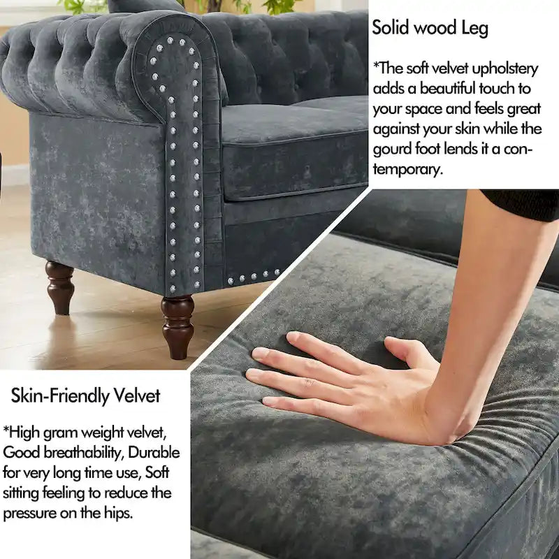 L-shaped sofa with deep-stitched details and curled armrests.