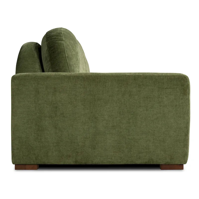 99-Inch Mid-Century Sofa – Distressed Green Velvet, Low-Profile, Sinuous Spring, Seats 3