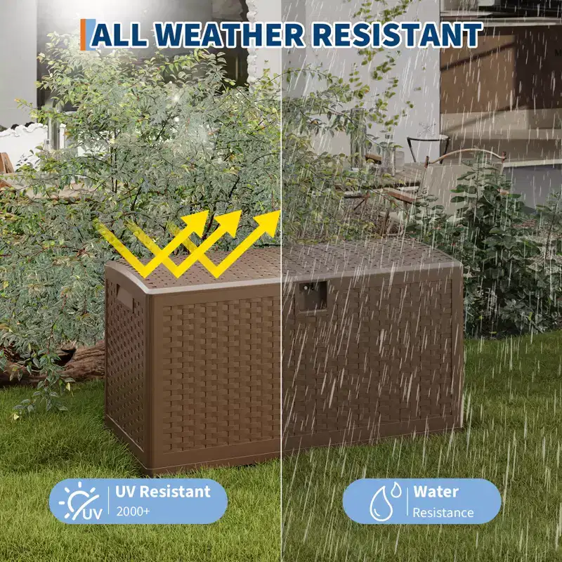 73 Gallon Waterproof Outdoor Storage Deck Box  Constructed from Durable Resin  Lockable Lid with Convenient Handles  Brown Finish