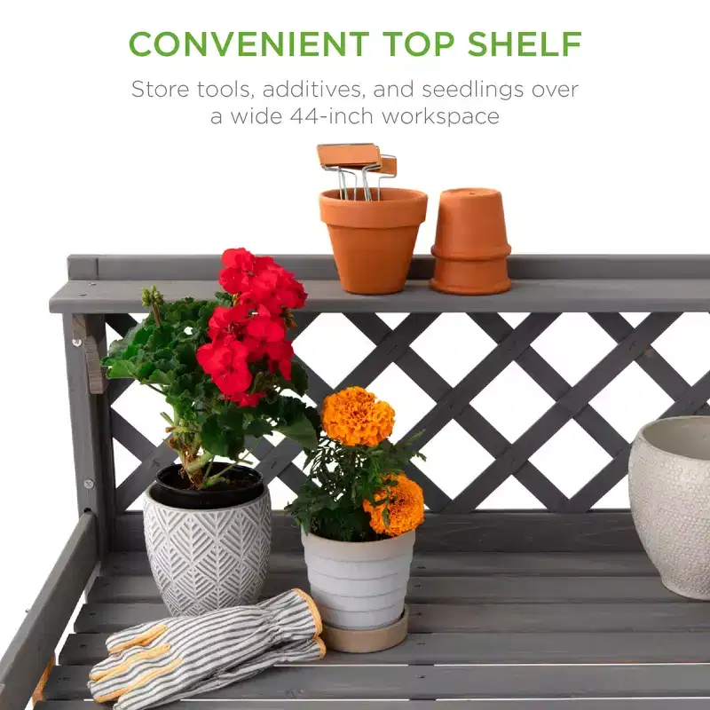 Best Choice Products Outdoor Wooden Garden Potting Bench, Workstation Table w/ Cabinet Drawer, Open Shelf