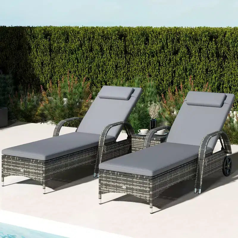 Patio Wicker Chaise Lounge Chair Set of 2 with Table, Adjustable Backrest, Wheels, Cushion & Headrest