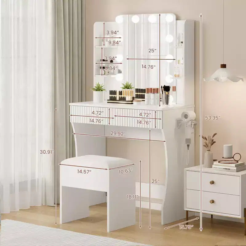 Garvee Makeup Vanity Desk with Mirror and 12 LED Lights, Modern Dressing Table Furniture with Hair Dryer Holder Stool for Bedroom