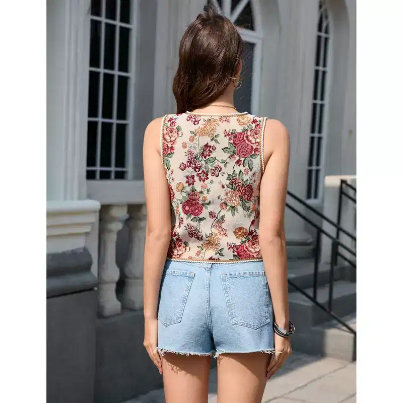 Coolmee Women's Casual Vests Tops V Neck Sleeveless Fashionable Floral Jacquard Tie Front Tops Fashion Cropped Party Vests 2XL Apricot jacquard