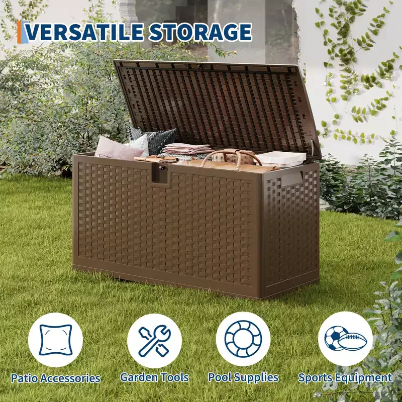 73 Gallon Waterproof Outdoor Storage Deck Box  Constructed from Durable Resin  Lockable Lid with Convenient Handles  Brown Finish