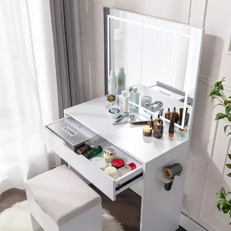 VECELO Vanity Desk Set with LED Lighted Mirror & Power Outlet, Makeup Table with Large Drawer, Storage Stool and Hair Dryer Stand for Bedroom, White