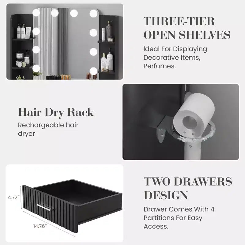 Makeup Vanity Desk with Mirror and Lights, Vanity Table with 2 Drawers, 6 Shelves, Hair Dryer Holder & Stool,Dressing Table Furniture for Bedroom