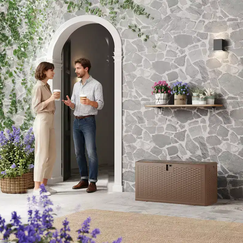 73 Gallon Waterproof Outdoor Storage Deck Box  Constructed from Durable Resin  Lockable Lid with Convenient Handles  Brown Finish
