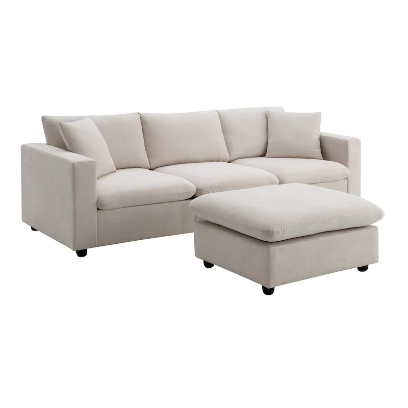 White L-Shaped Sectional Sofa with Ottoman, Seats 5