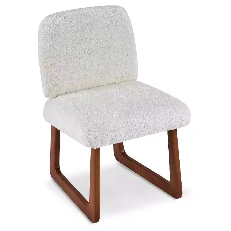 Set of 2 Boucle Upholstered Dining Chairs with Curved Wooden Legs, Beige - ModernLuxe