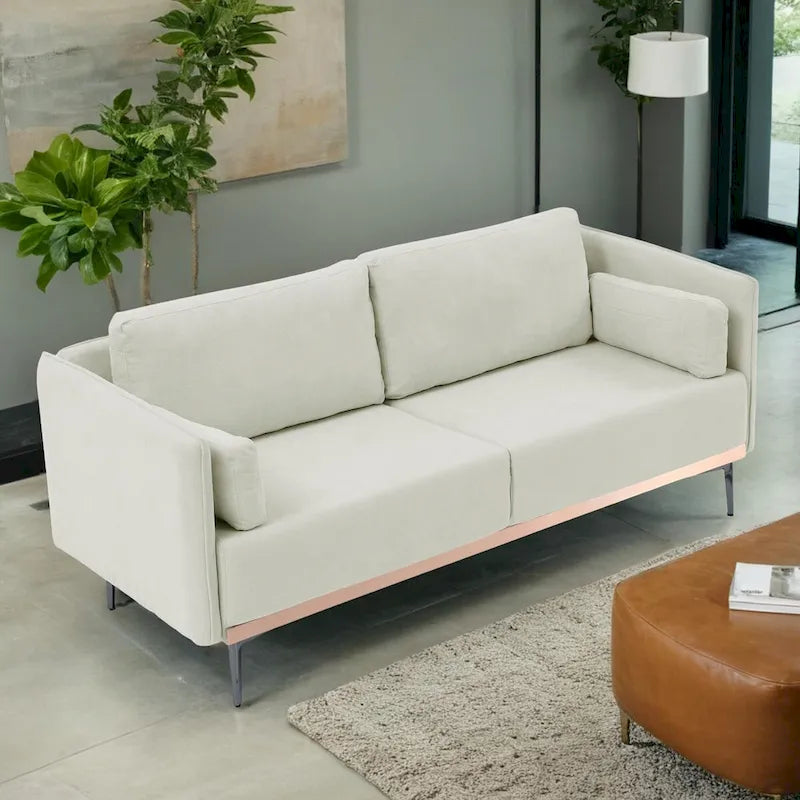 3-Seat Linen Sofa – Grey / Beige / Orange, Modern Minimalist, Metal Legs & Steel Trim, Seats 3