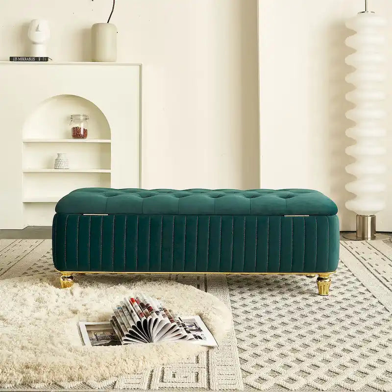 Rectangle Storage Ottoman Bench – Green / Black / Beige, Tufted Velvet, Modern Style, Seats 1–2