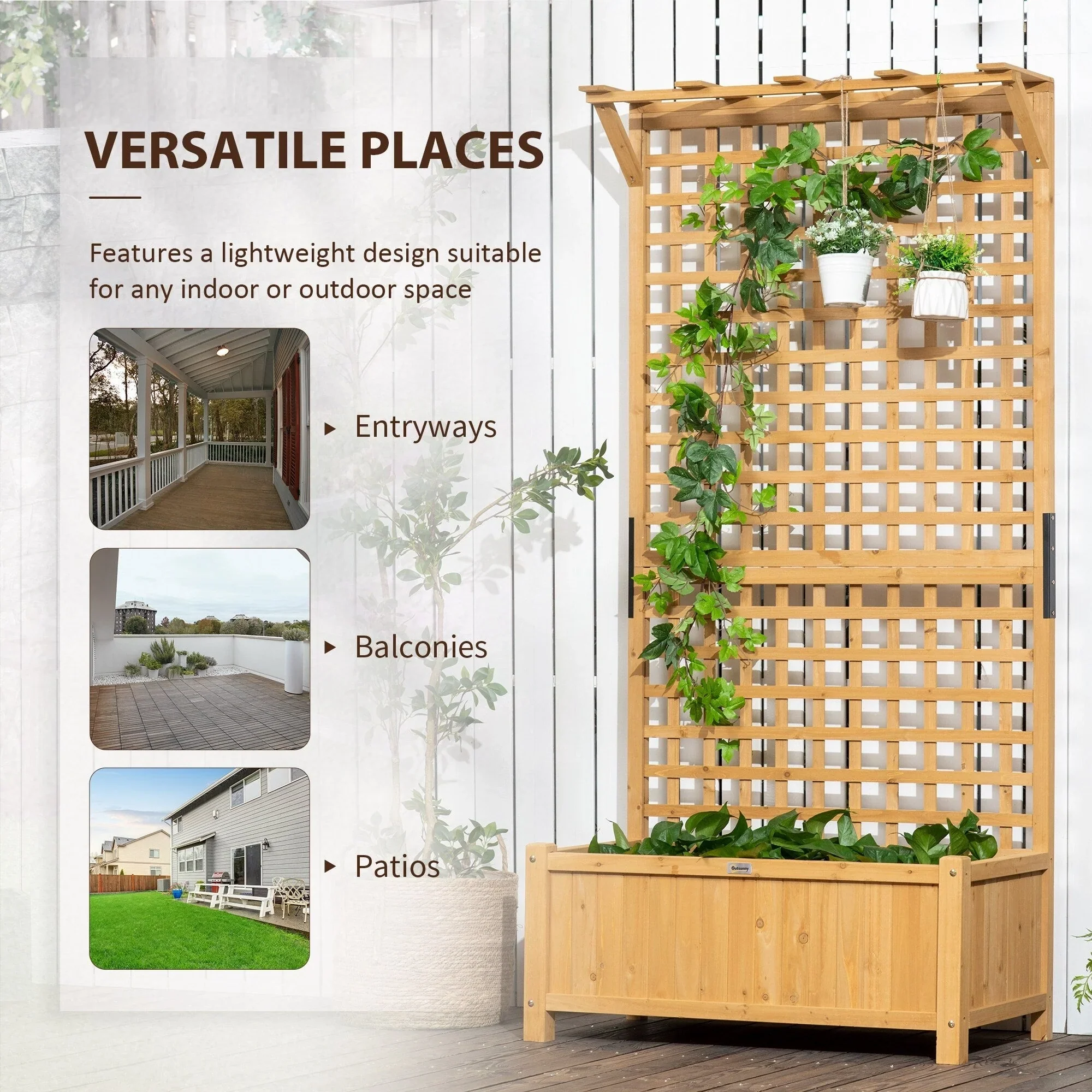 Outsunny Wood Planter with Trellis, Raised Garden Bed for Climbing Plants w/ Drainage Holes and Roof