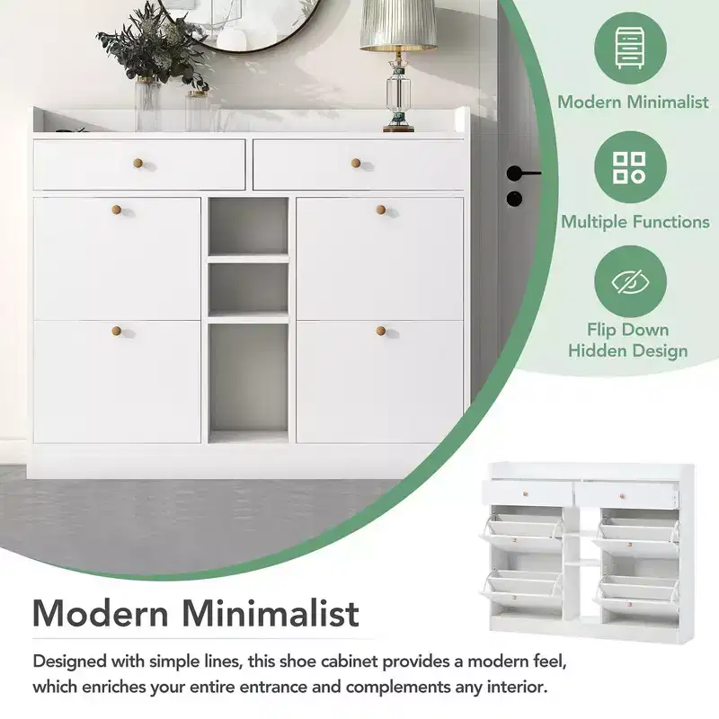 Shoe Cabinet with 4 Flip Drawers, Multifunctional 2-Tier Shoe Storage Organizer with Drawers, Free Standing Shoe Rack for Entrance Hallway, White