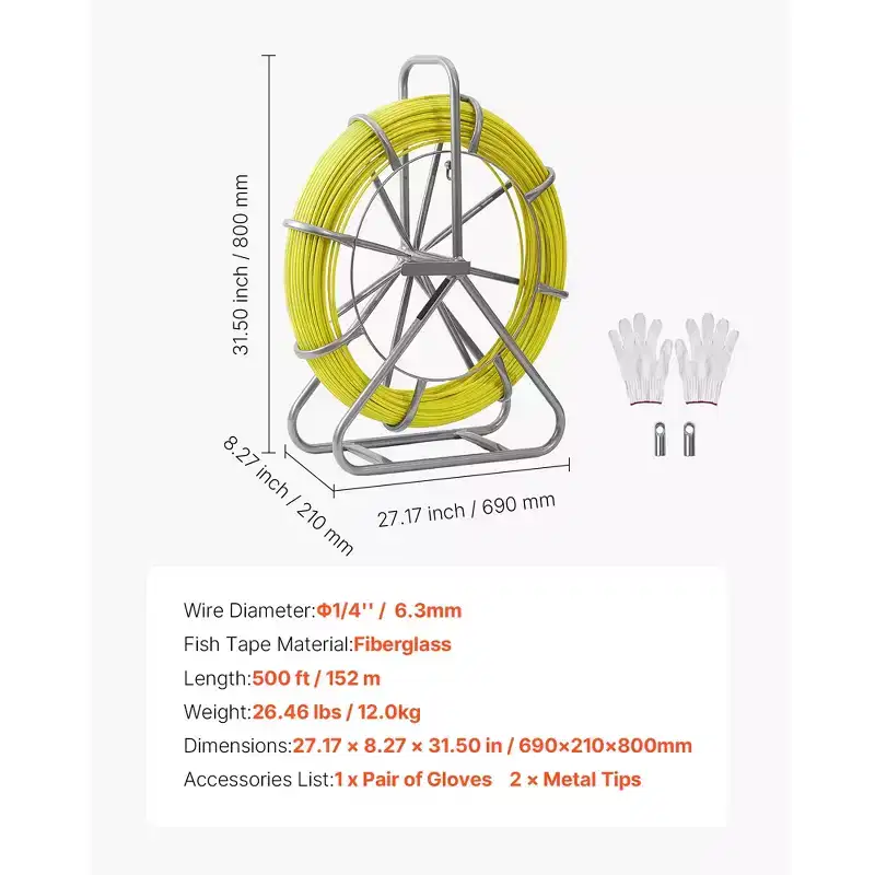 VEVOR Fish Tape Fiberglass, 500FT 6.3MM, Duct Rodder Fishtape Wire Puller with Stand, 1/4-In Cable Running Rod,Marked Every 5 Ft,Non-Conductive,Yellow