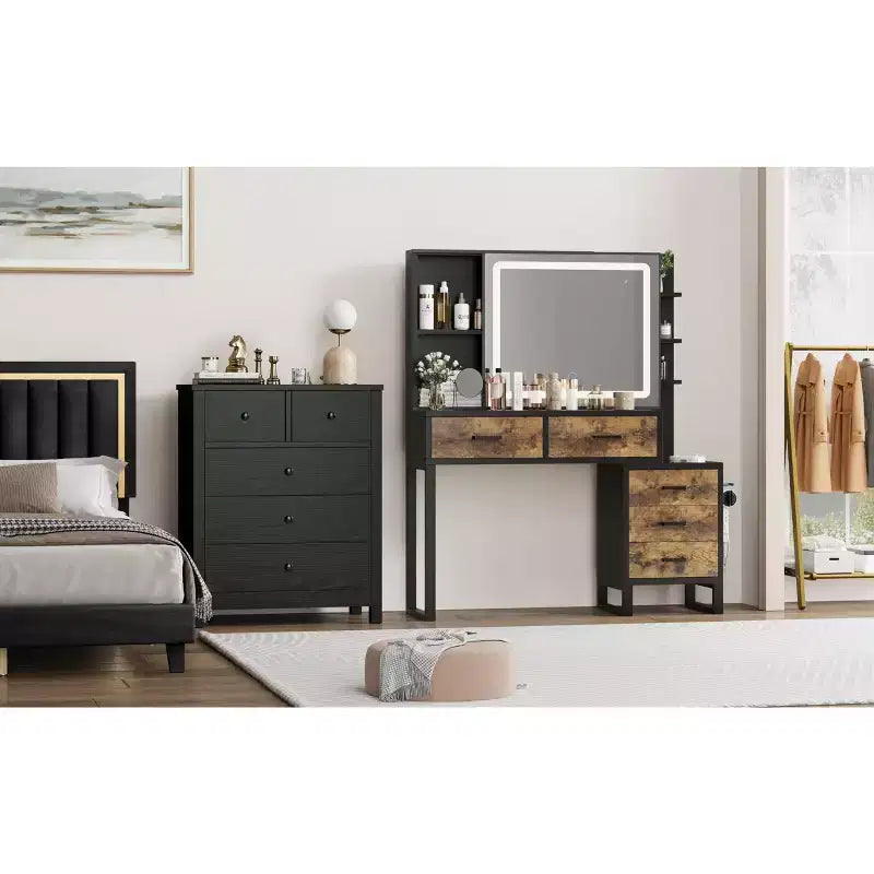 Makeup Vanity Desk with Sliding Mirror and Lights, Large Dressing Table with Charging Station,3 Lighting Modes, 5 Drawers and 3 Tiers of Open Shelves