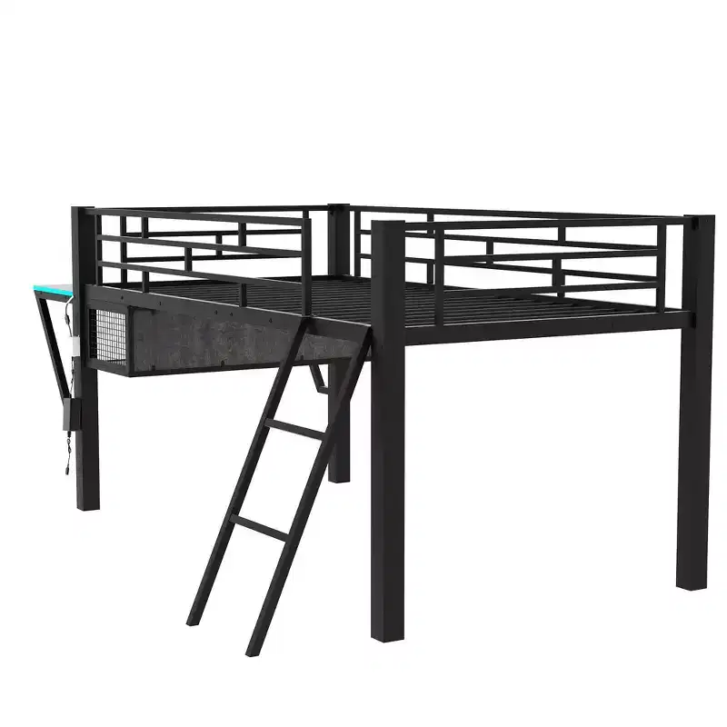 Twin Gaming Loft Bed with Desk & LED Lights, Black Metal Mid Loft Bed with Storage for Kids Teens, eSports-Inspired Design