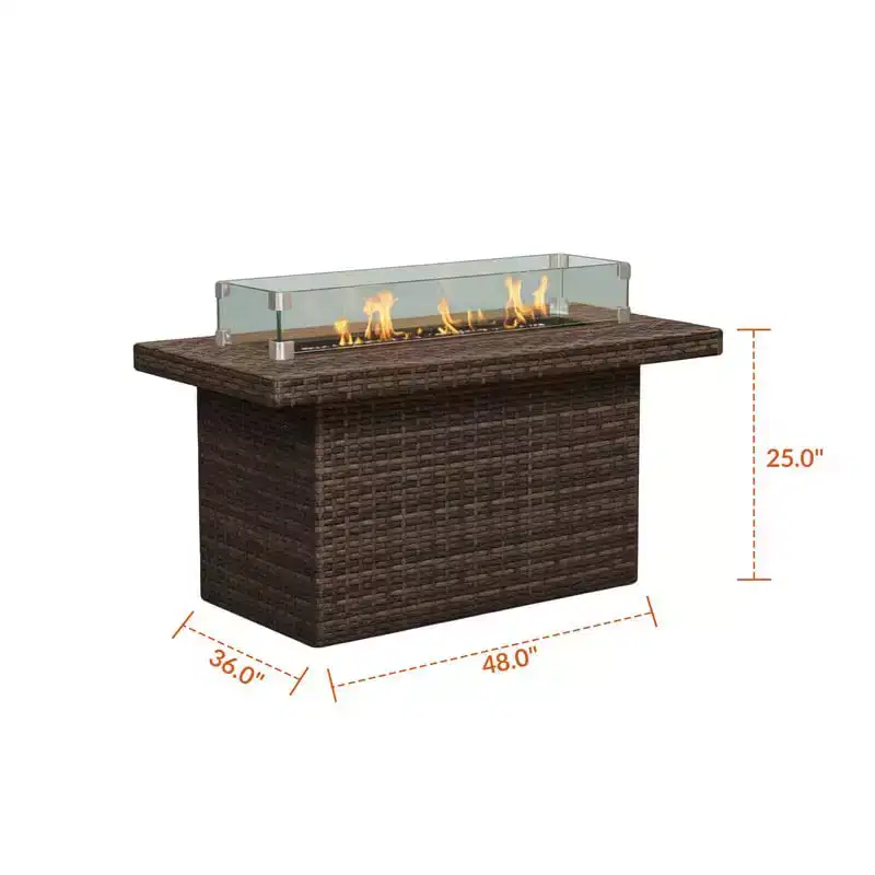 Covers&All 48 in L Rectangle Propane Fire Table, Aspen Wicker w / Windscreen & Glass