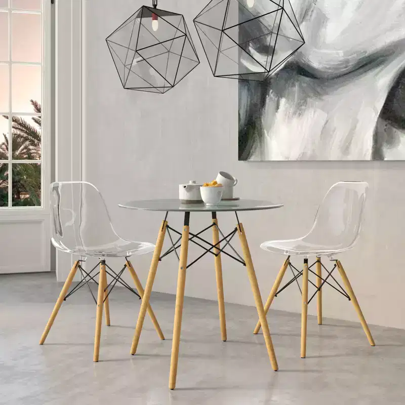 LeisureMod Dover 3-Piece Dining Set  31 Round Clear Glass Bistro Table with 2 Acrylic Chairs with Wooden Dowel Legs, Modern Kitchen, Dining Room