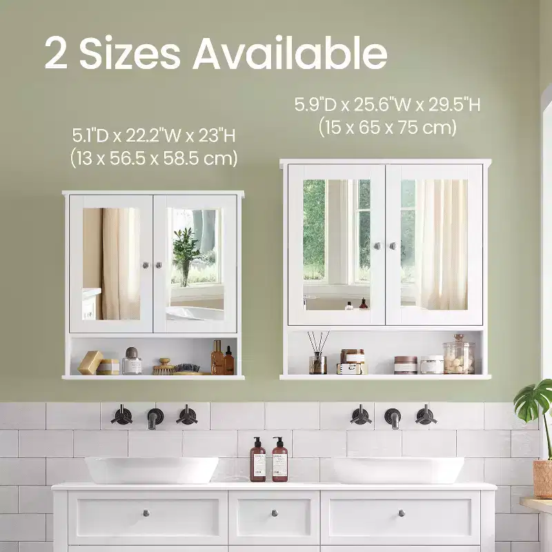 Wall-Mounted Bathroom Cabinet with 2 Mirrored Doors & Adjustable Shelf, White
