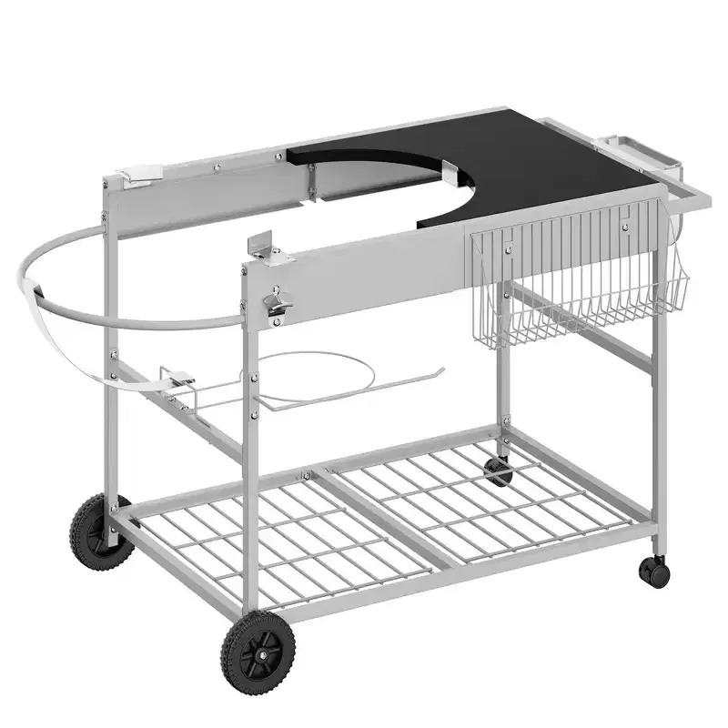 Celebalcony Grill Table for Weber 22 & 18 Original Kettle, Outdoor Grill Cart with Wheels, Movable Outdoor Prep Table Cooking Station, Sliver