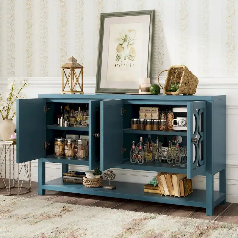Elegant Retro Console Table with Mirrored Doors, Spacious Shelves and Durable Acacia Wood Legs