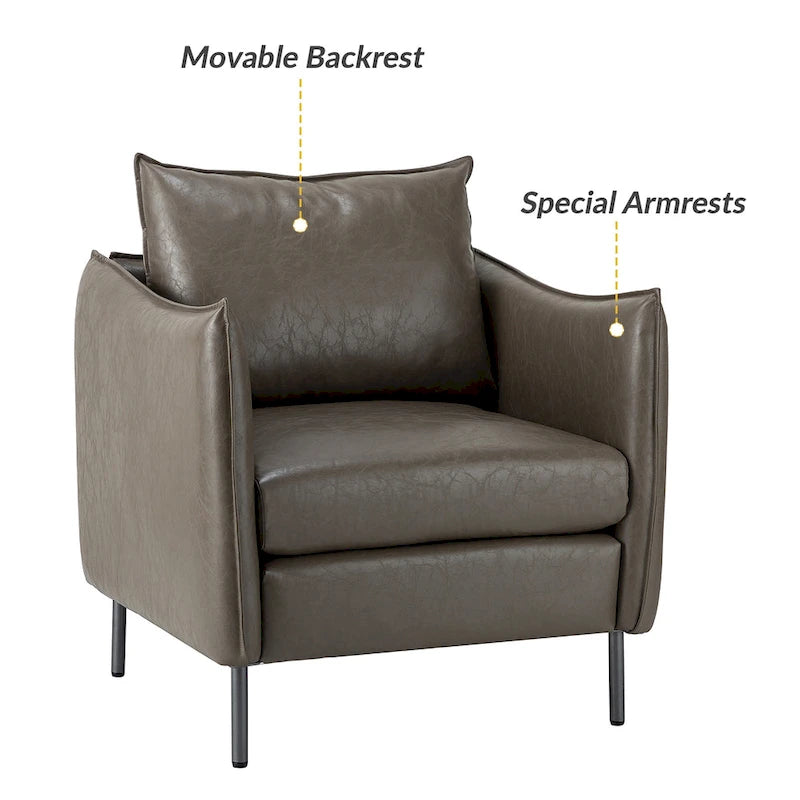 Modern Accent Chair – Black / Brown / Grey / Camel / Navy / Beige, Vegan Leather, Metal Legs, Seats 1