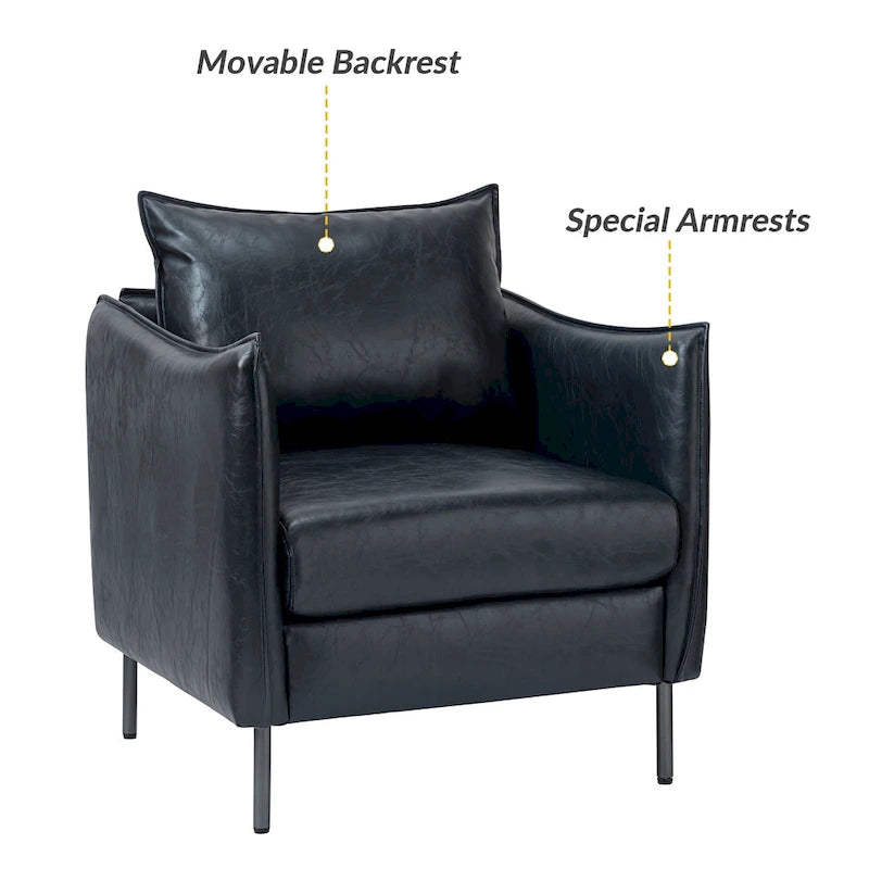 Modern Accent Chair – Black / Brown / Grey / Camel / Navy / Beige, Vegan Leather, Metal Legs, Seats 1